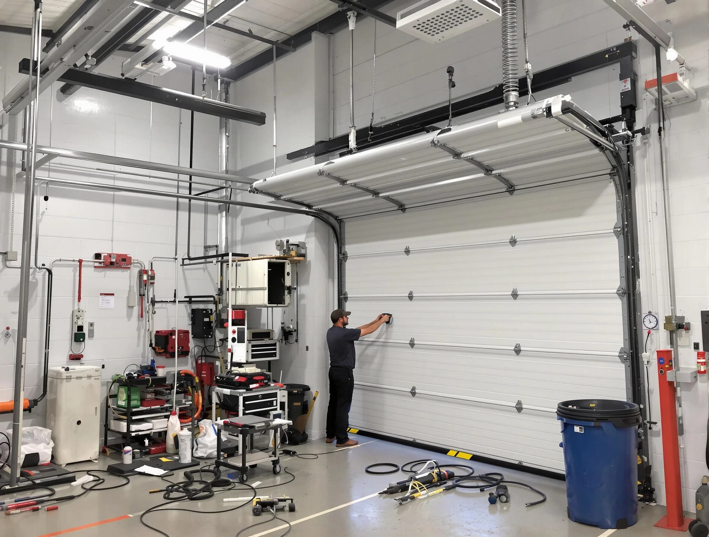 Upper St. Clair Garage Door Repair certified technician performing commercial door repair at a Upper St. Clair business facility