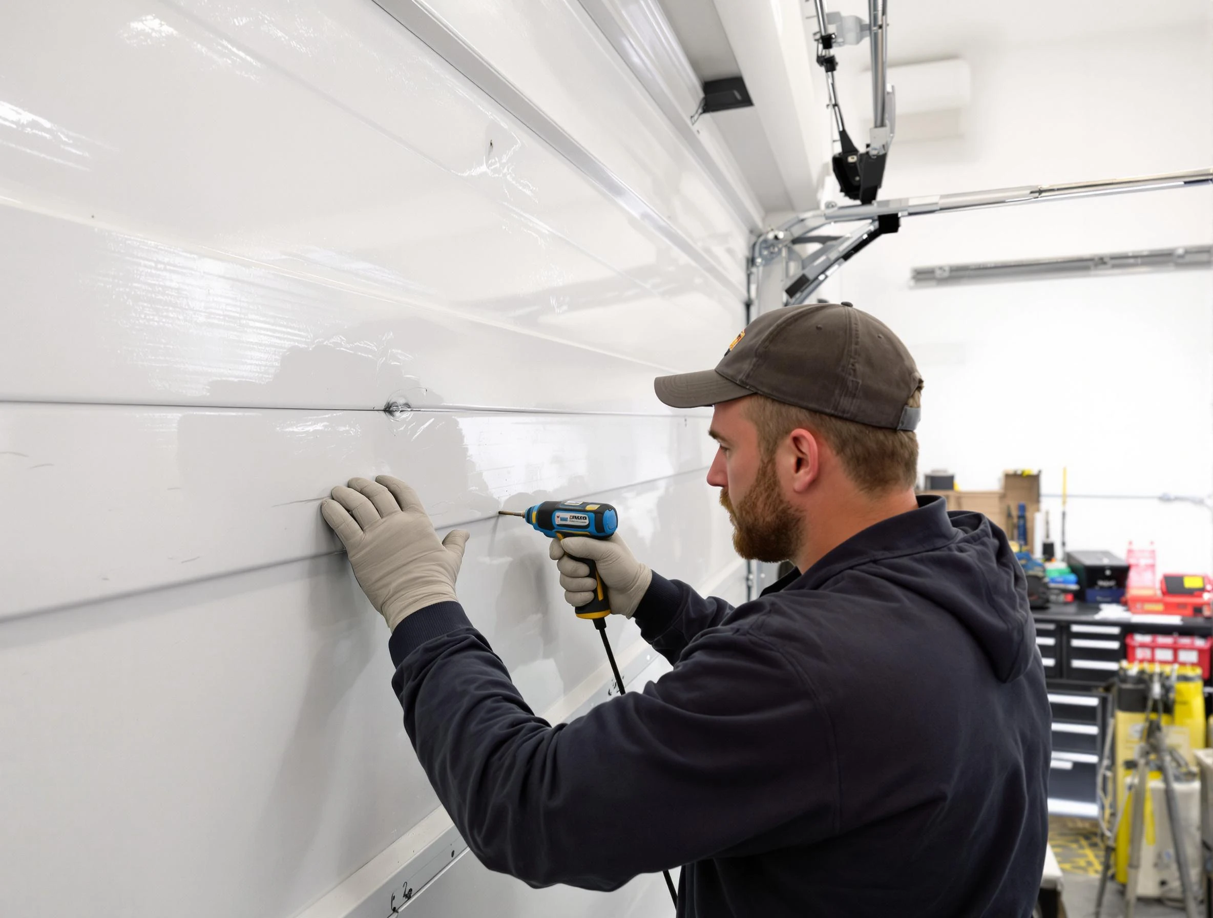 Upper St. Clair Garage Door Repair technician demonstrating precision dent removal techniques on a Upper St. Clair garage door